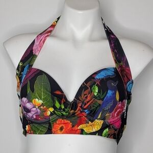 Peddney Black Colorful Flower Bird Butterfly Halter Tie Bikini Top L